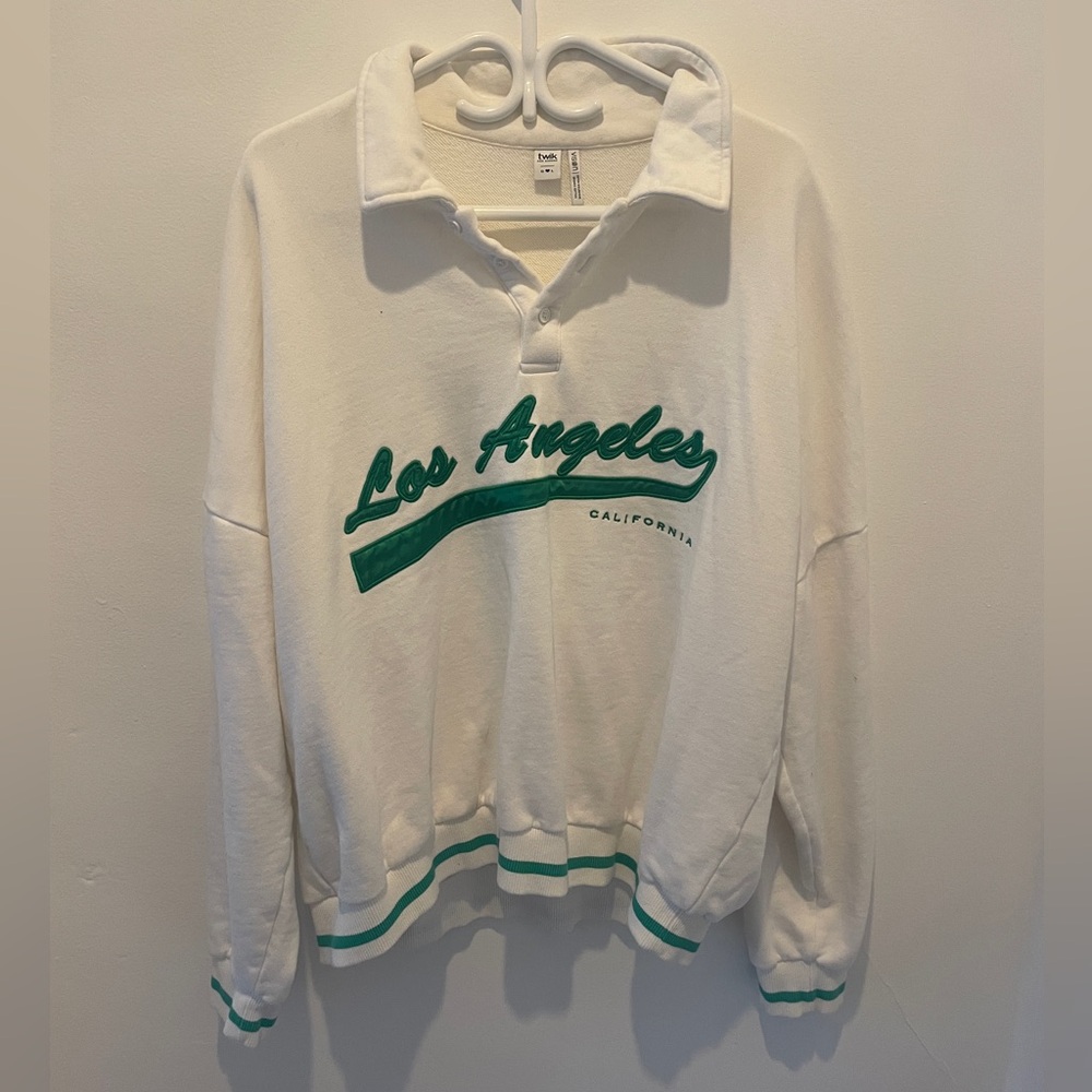 Twik White and Green V-Neck Sweater